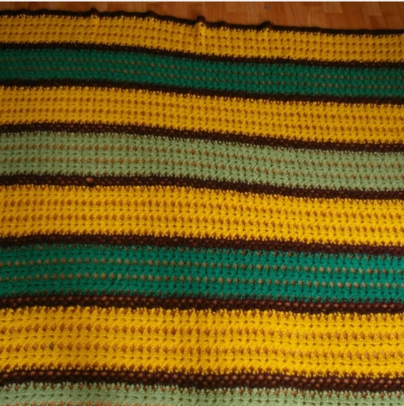 Striped Crochet Afghan Blanket Throw Green Yellow - Picture 5 of 6